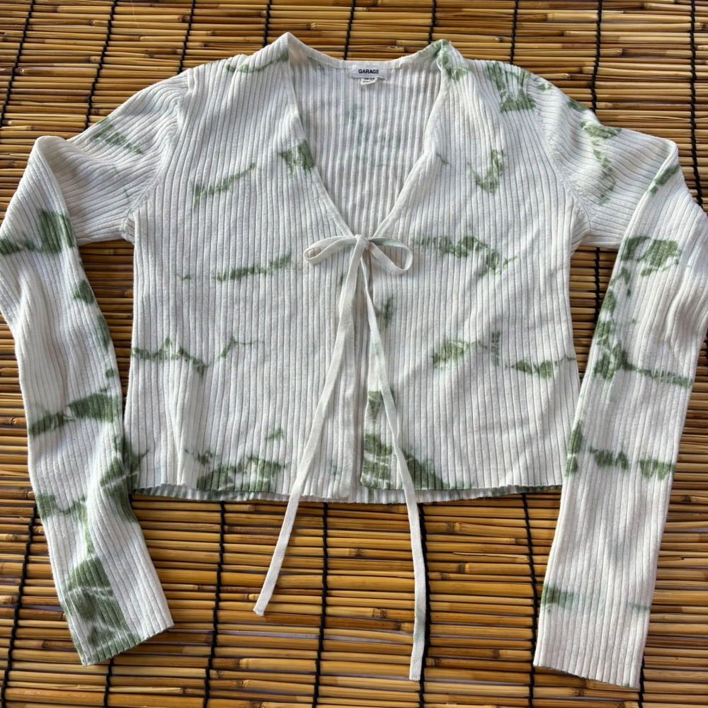 Garage Tie Front Ribbed Cardigan XS White Green Tie Dye Cropped Long Sleeve Top